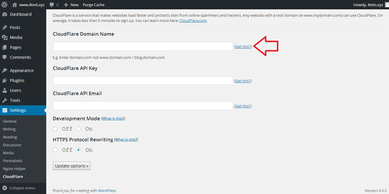 Step7.1 CloudFlare WordPress Plugin Settings
