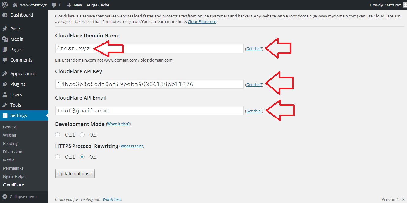 Step7.5 CloudFlare Plugin Settings Filled Fields