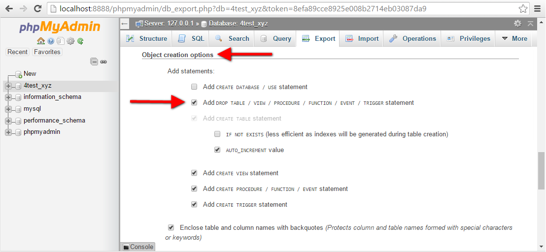 Step12 PhpMyAdmin Database Export Add Drop Table Commands